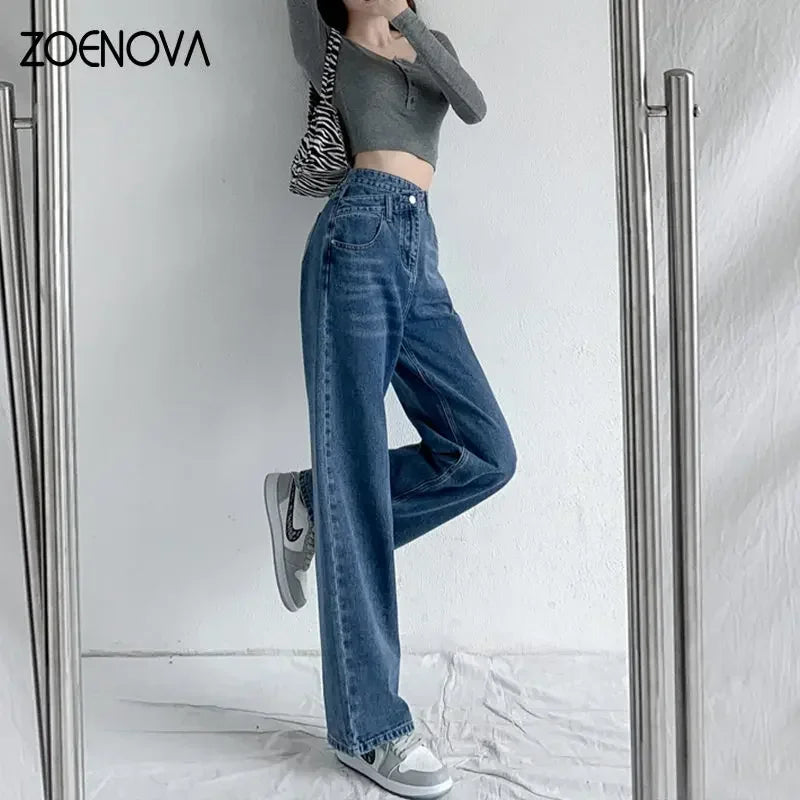 ZOENOVA Y2K 2023 Women Clothing Cross Waist Straight Wide Leg Pants Chic Korean Casual Commuting Style Baggy Streetwear Jeans