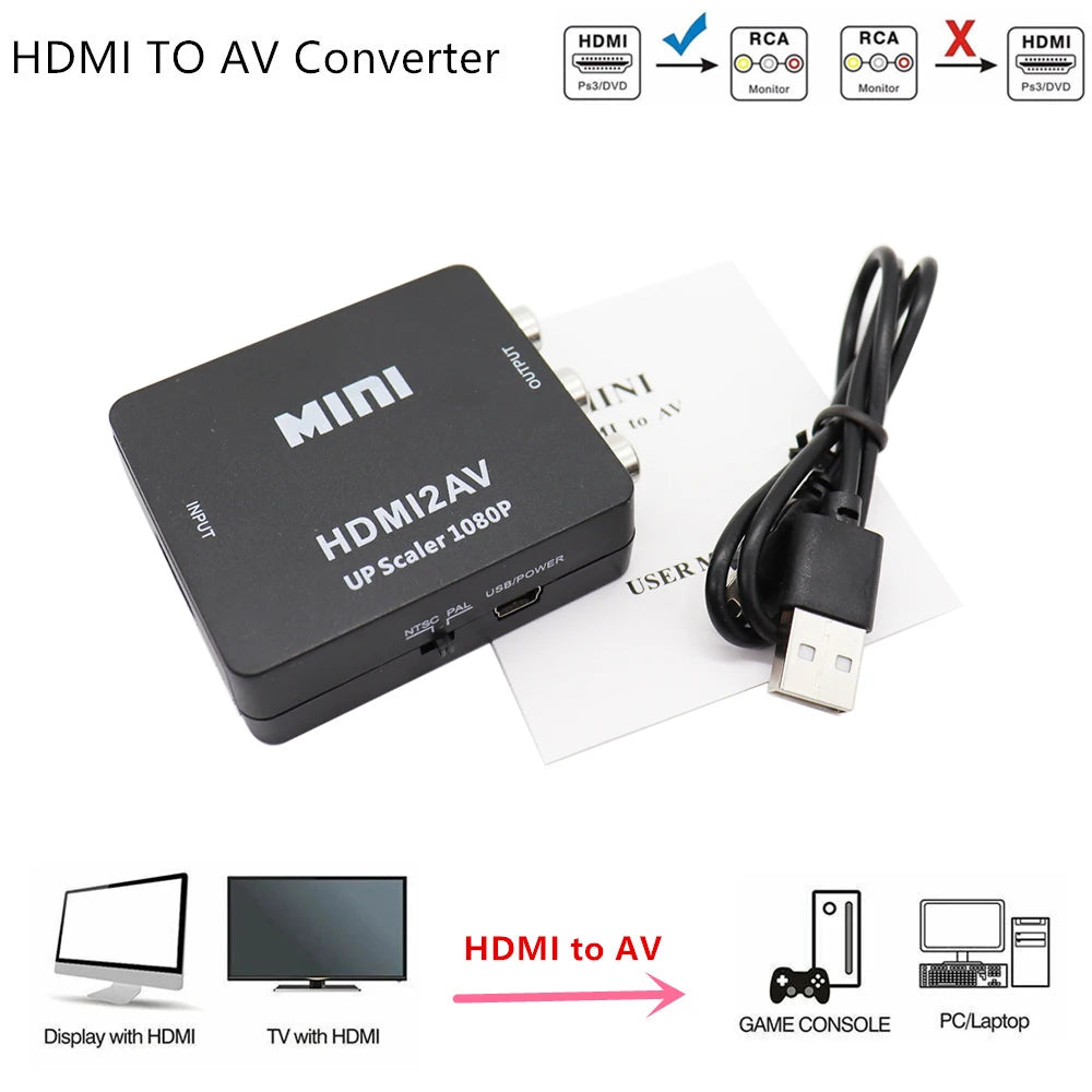 HD 1080P HDMI-compatible To RCA AV/CVBS Adapter Mini HDMI2AV Video Converter BOX For PS3 VCR DVD PALMTSC PC