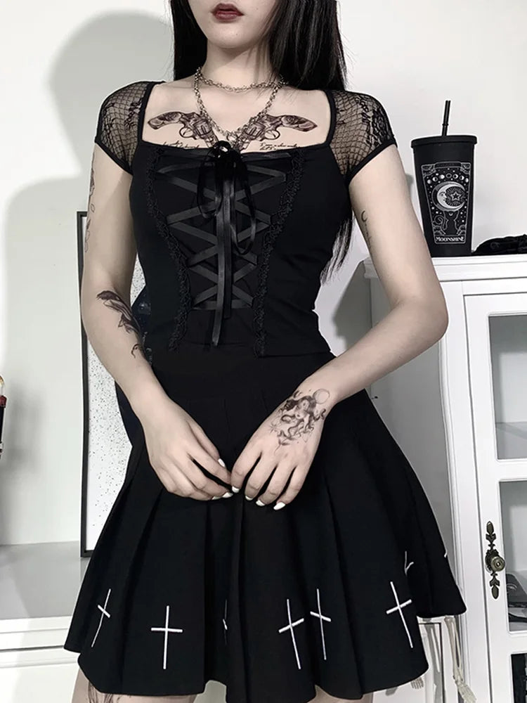 Vintage Tops Goth T-shirt Women Bodycon Bandage Lace Black T-shirts Gothic Streetwear Sexy Female Top Casual Mesh Tee