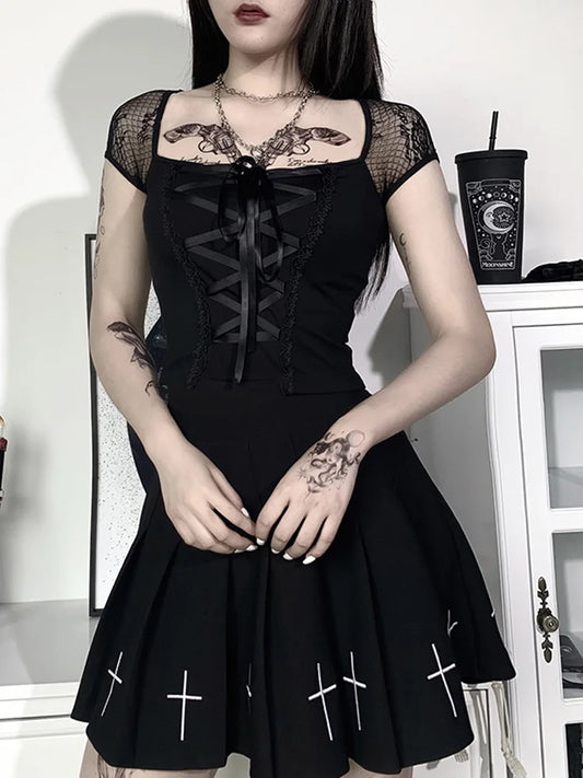 Vintage Tops Goth T-shirt Women Bodycon Bandage Lace Black T-shirts Gothic Streetwear Sexy Female Top Casual Mesh Tee