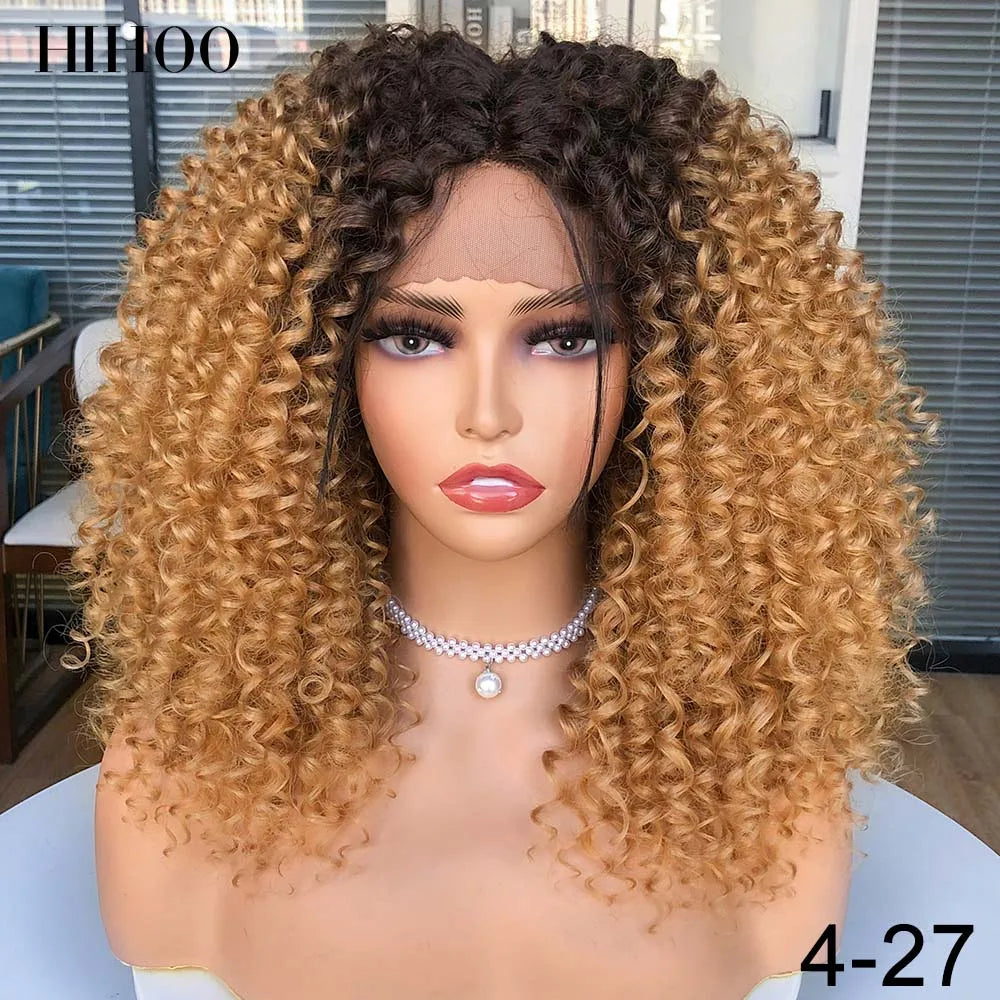 Short Bob Wig Lace Front Wigs for Women Afro Kinky Curly Wigs Ombre Brown Synthetic Middle Nature Hair Black Headgear with Clips