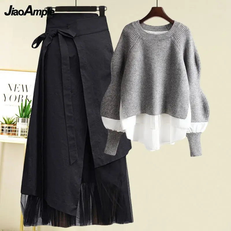 Women's Spring Autumn New Fashion Fake Two Piece Knit Sweater+Strap A-line Skirt Suit Korean Elegant Pullover Dress Matching Set