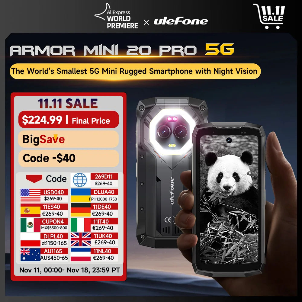 2025 Ulefone Armor Mini 20 Pro 5G 4.7" Rugged Phone 64MP Night Camera Android 14 Smartphone 6200mAh Mobile phone LED