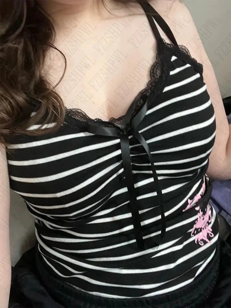 Gothic Lace Women Sleeveless Suspender Vintage Y2K Punk Hip Hop Streetwear Rock Stripe Pattern Emo Girl sexy Summer Baby T-Shirt