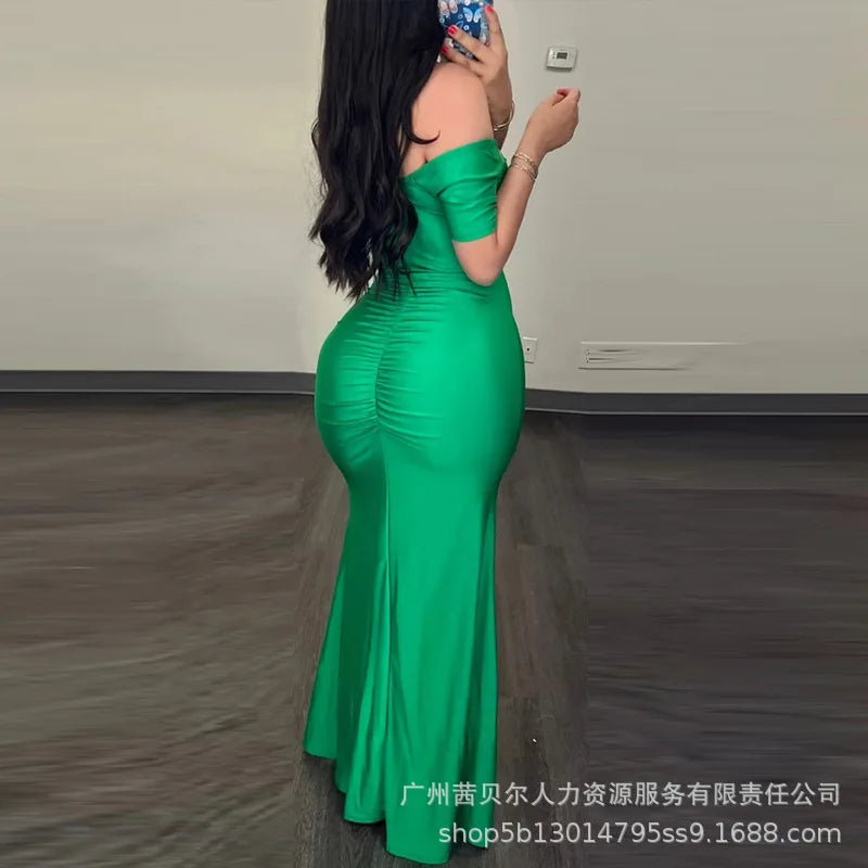 2024 Spring Summer New Women's Clothing Solid Color V-neck Waist Slit Pleated Dress