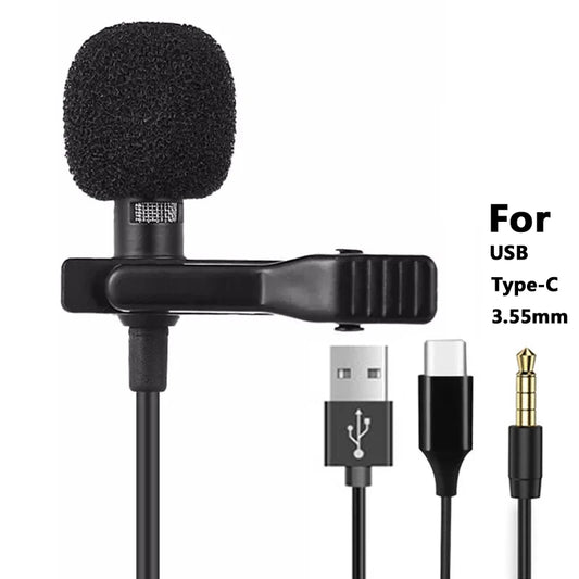Portable 1.5m Mini Type C Microphone USB Condenser Clip-on Lapel Mic 3.5mm Wired Microfon for PC Laptops Professional Recording