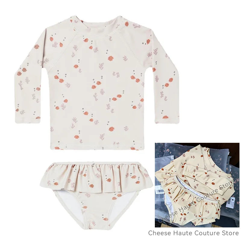 RC Baby Girls Swimwears 1-12y Kids Long Sleeve Sunscreen Floral Toddler Swimming Swimsuit Striped Bikini Suits 2022 Hot Clothes