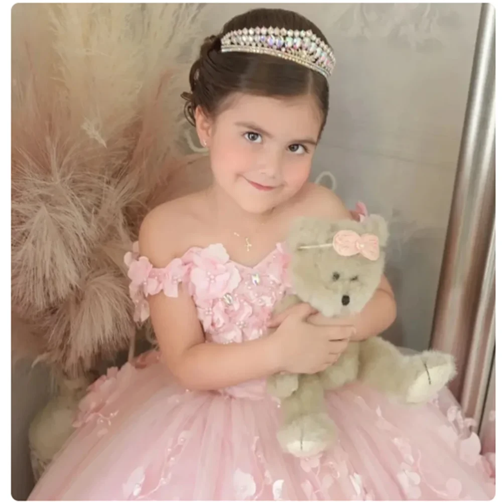 Pink luxury Flower Girl Dresses Tulle Flowers Fluffy trailing For Wedding Birthday Banquet Princess Communion Gowns