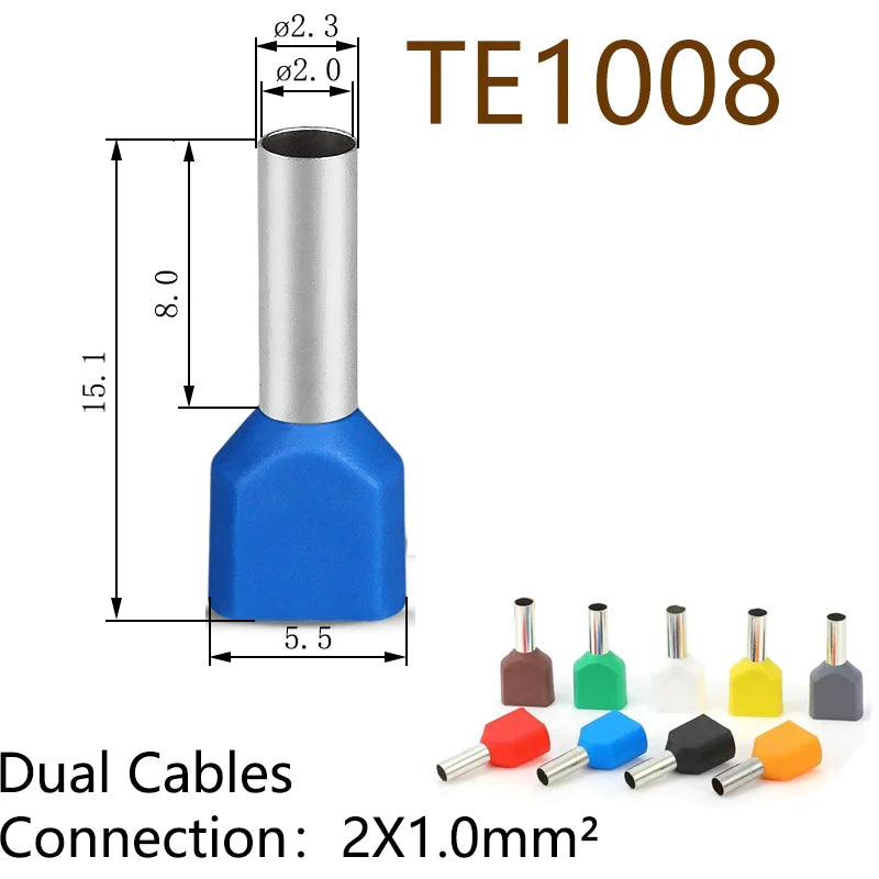 100PCS 2x(0.5mm²~16mm²) Dual Wires Copper Insulated Ferrules Cord End Crimp Terminal Electrical Cable Lug TE2508 AWG 2X(#22-#6)