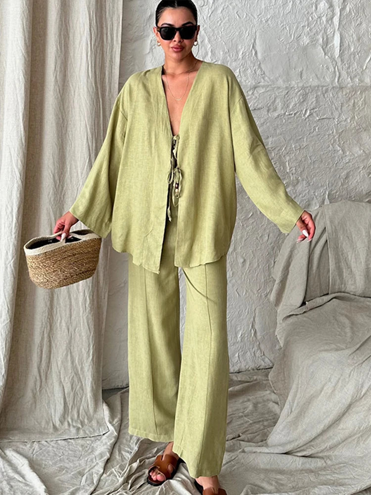 Fashion Cotton Linen Long Pants Set For Women Causal V Neck Beading Lace Up Shirts Solid Wide Leg Pant Suits Lady Street Outfits