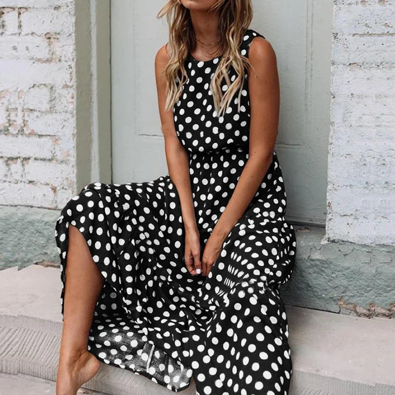 Customized Summer Sleeveless Polka Dot Print Midi Dress Casual Women Fashion Dresses A-Line Boho Elegant Brown Long Dress