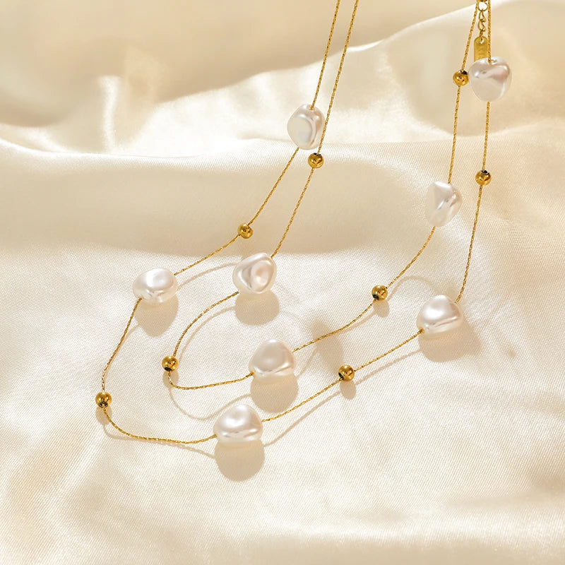 EILIECK 316L Stainless Steel Double Layer Irregular Pearl 2in1 Chains Necklace For Women Fashion Girls Clavicle Chain Jewelry