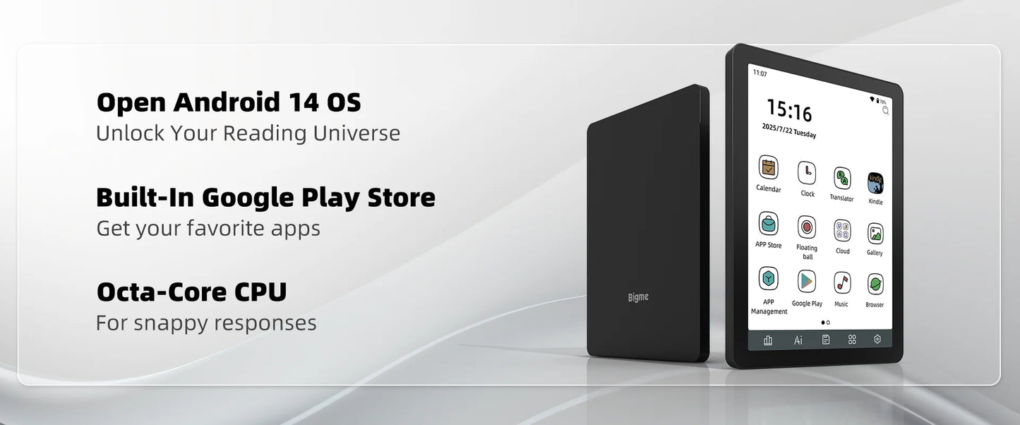 Bigme E-book Reader B6, 6-inch e-ink electronic book, 36-level front light, Android 14 OS built-in Google Play, 4+64GB ereader