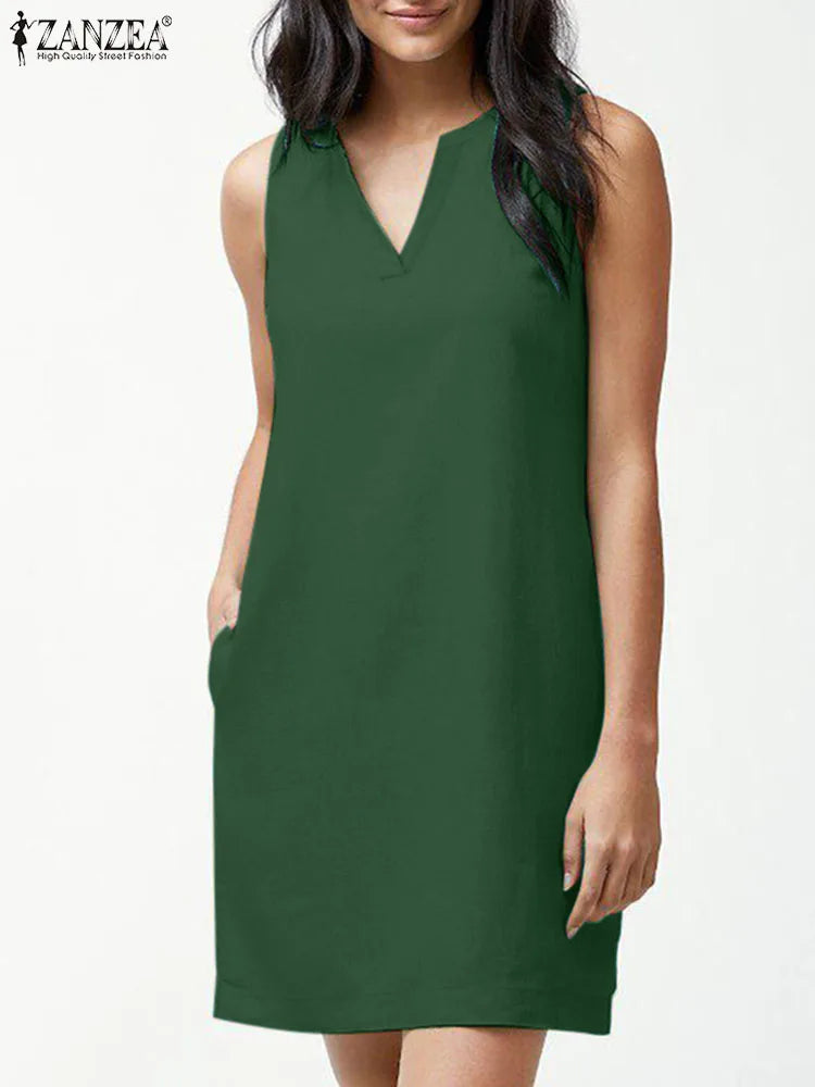 2024 ZANZEA Women Elegant Sleeveless Solid Dress Summer Fashion V Neck Work Sundress Casual Cotton Knee-length Vestido Sarafans