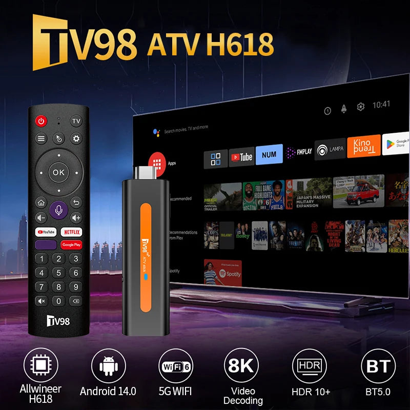8K ATV Smart TV Stick Support Android 14 Video 4K BT5.0 WiFi 6 Allwinner H618 Quad Core Cortex A53 Voice Remote Smart TV Box