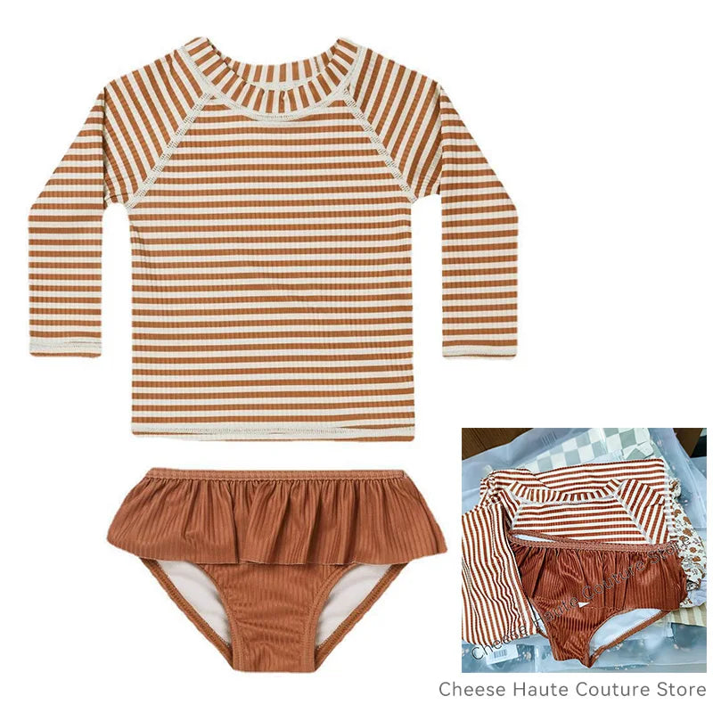 RC Baby Girls Swimwears 1-12y Kids Long Sleeve Sunscreen Floral Toddler Swimming Swimsuit Striped Bikini Suits 2022 Hot Clothes