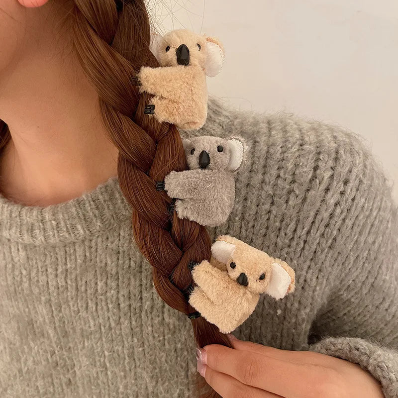 Fluffy Koala Bear Hair Claws Clip Korean Cute Plush Cartoon Animal Side Bangs Clip Hairpins Lady Girls Headwear Hair Accessories