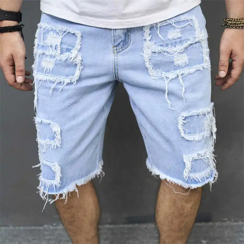 High-Streets Summer Ripped Jeans Denim Shorts for Men with Distressed Cat Whiskers Hip Hop Short Pants Men's Pants Streetwear