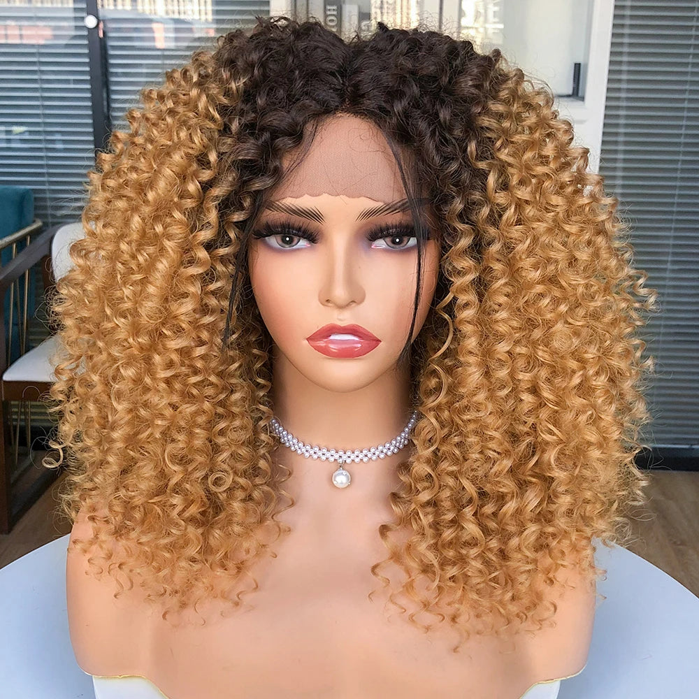 Short Bob Wig Lace Front Wigs for Women Afro Kinky Curly Wigs Ombre Brown Synthetic Middle Nature Hair Black Headgear with Clips
