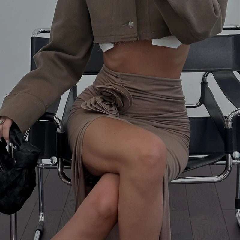 Xeemilo Vintage Flower Applique High Split Long Skirt Sexy High-waist Ruched Solid Slim Skirt Elegant Fashion Women Autumn Skirt