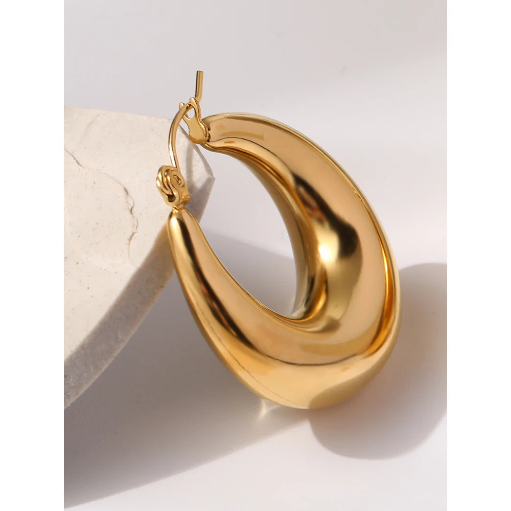 YACHAN 18K Gold Plated Smooth Stainless Steel Hoop Earrings for Women Trendy Hollow Punk Metal Jewelry Waterproof