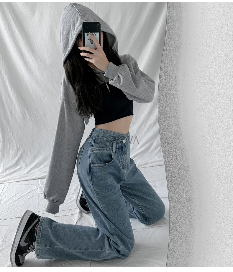 ZOENOVA Y2K 2023 Women Clothing Cross Waist Straight Wide Leg Pants Chic Korean Casual Commuting Style Baggy Streetwear Jeans