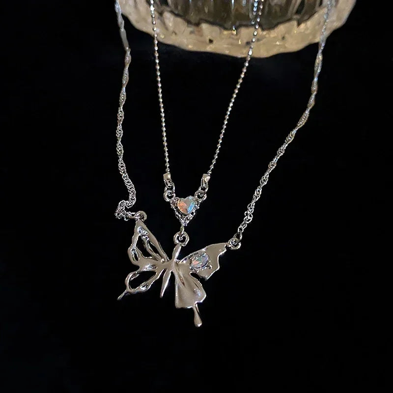 Y2K Crystal Butterfly Pendant Necklace Women Light Luxury  Punk Heart  Clavicle Chain Fashion Jewelry Party Gift 2024