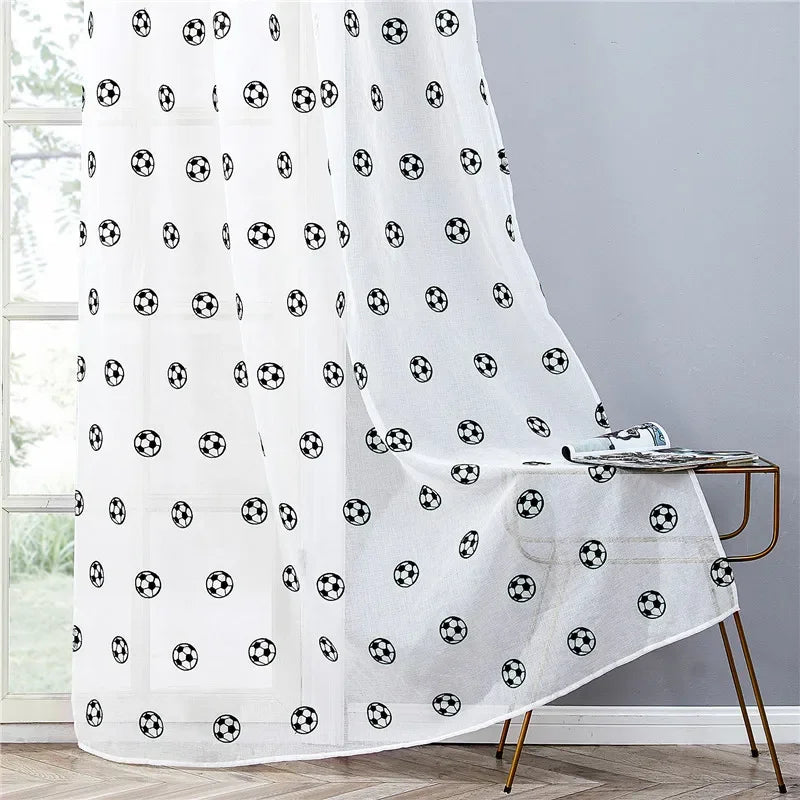 Football Embroidered Curtains, Tulle Curtain for Childrens Room, White Soccer Drapes for Living Room Bedroom Window Decoration