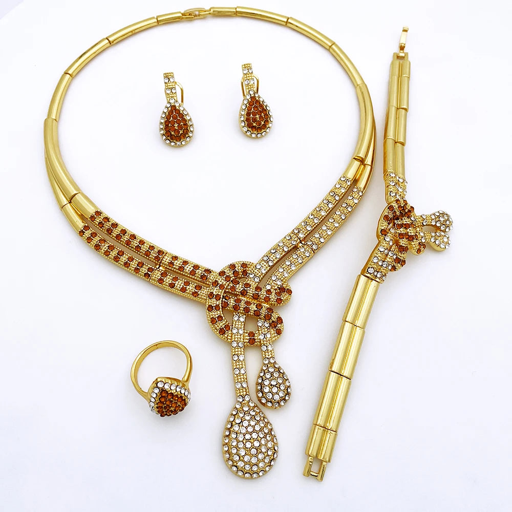 Dubai Gold Color Women Jewelry Sets Classic Design Necklace Earrings Charm Bracelet Ring  Banquet Party Jewelry 18K Gold Plated