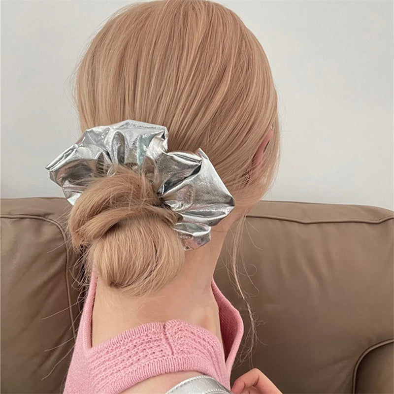 Silver Leather Large Intestine Hair Band Y2k Punk Personality Scrunchies Headwear High Ponytail Hair Band Hair Accessories New