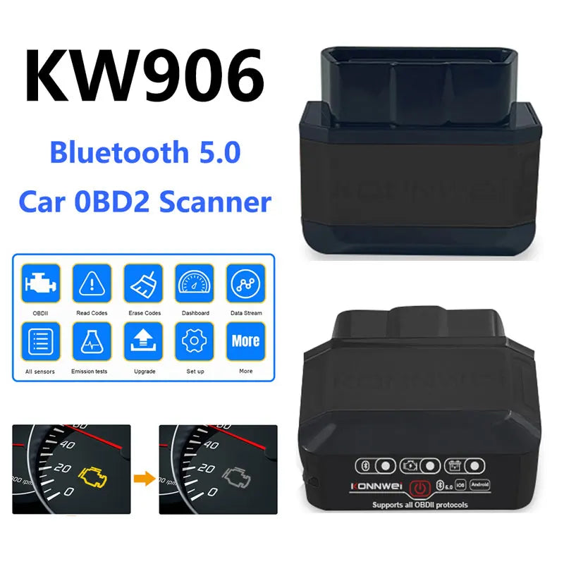 Konnwei Bluetooth 5.0 ELM327 V1.5 OBD2 Scanner KW906 OBDII Auto Diagnostic-Tools ELM 327 V 1.5 OBD 2 Car Code Readers Scan Tools