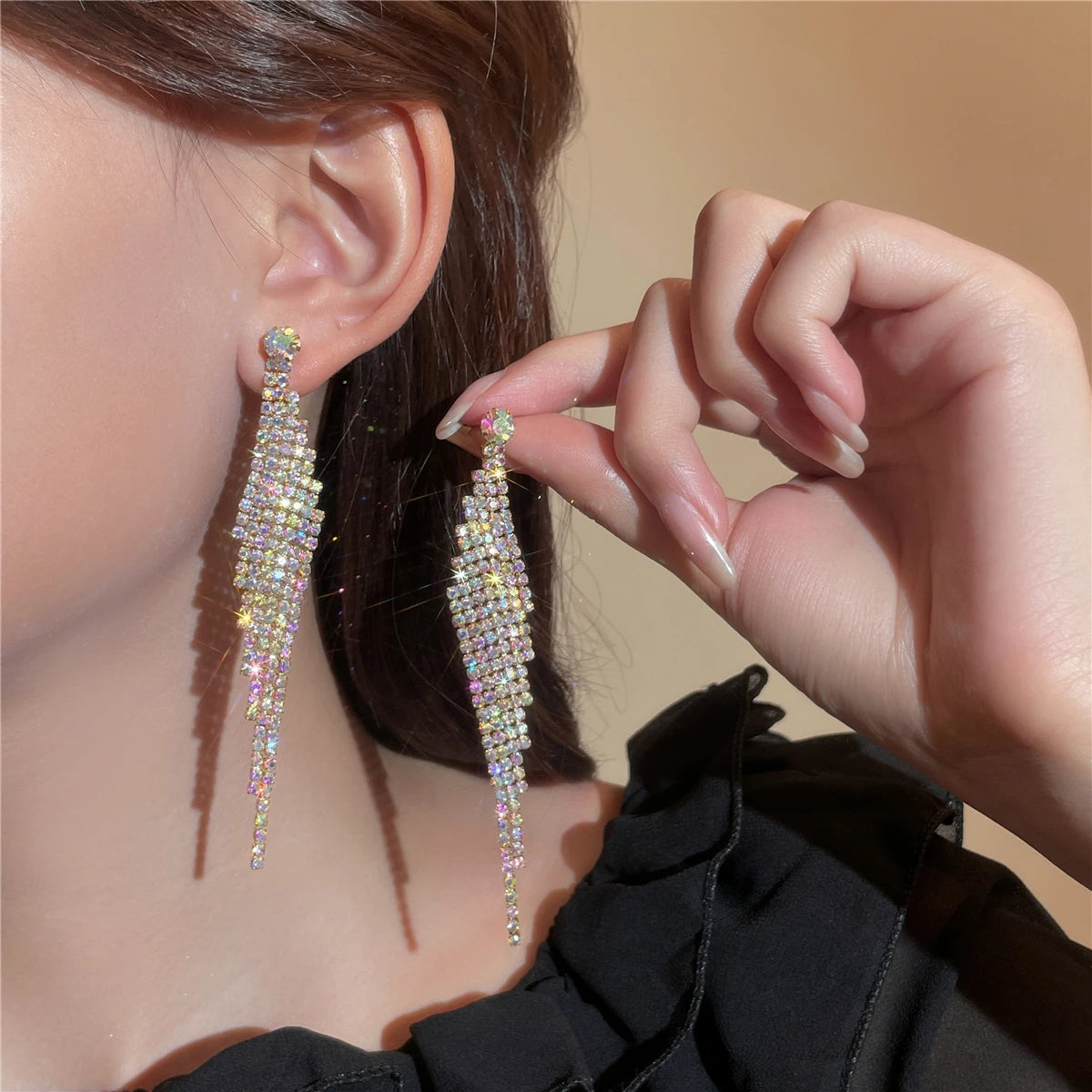 Shiny Multicolored Crystal Long Drop Earrings For Women Brides Classic Geometry Square Dangle Earring Wedding Party Jewelry Gift