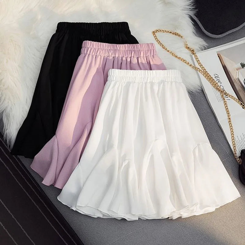 Fashion Mini Skirt A Line High Waist  Sexy Cute Ruffle Vintage Tennis Skirt Black Elastic Waist Solid Women Short Skirts For