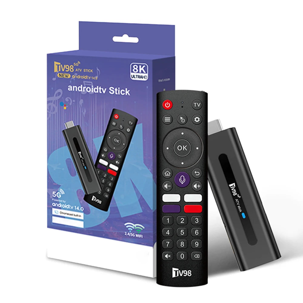TV98 8K ATV Smart TV Stick BT5.0 Android 14 ATV Allwinner H618 2.4G 5G Wifi Support OTA 4K Player 2GB 16GB Voice remote TV Box