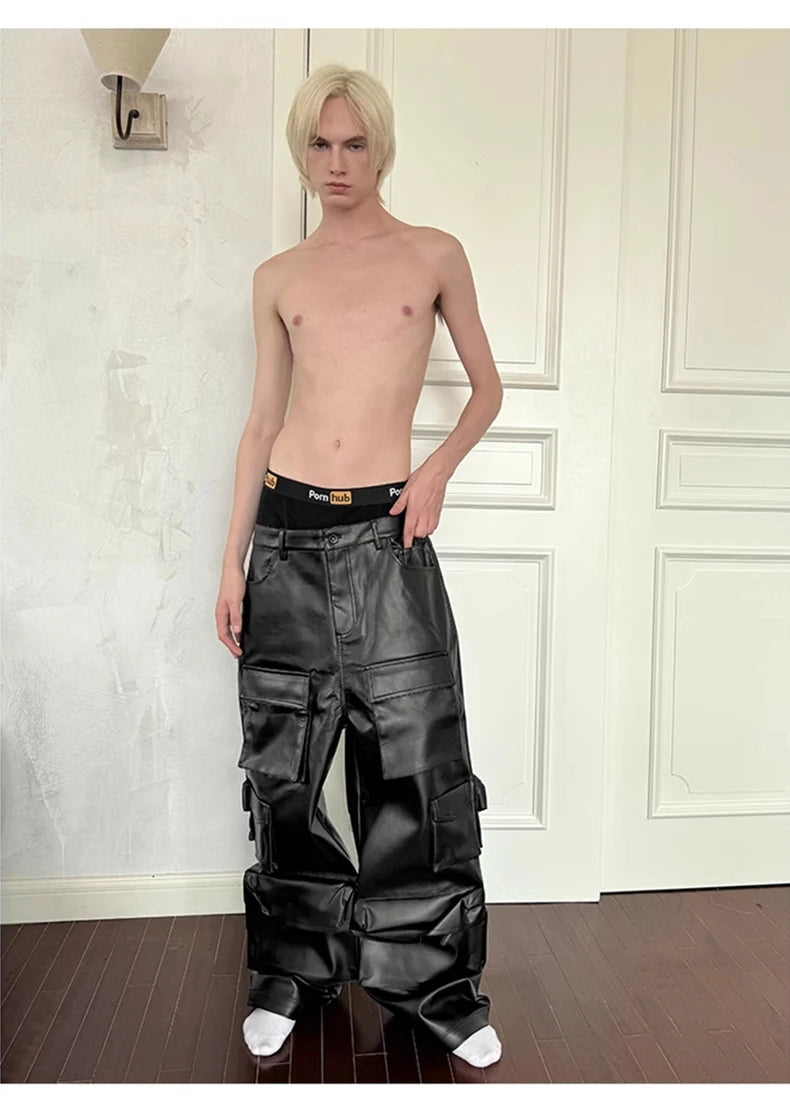 Mauroicardi Autumn Cool Black Pu Leather Straight Cargo Pants for Men Many Three-dimensional Pockets Luxury Designer Clothes