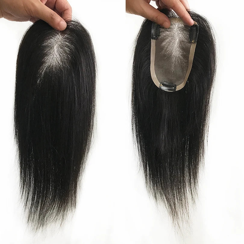 9X14CM Virgin Human Hair Toupee For Women #3 Net Straight Toppers 8x12cm Natural Black Color 8-12inch