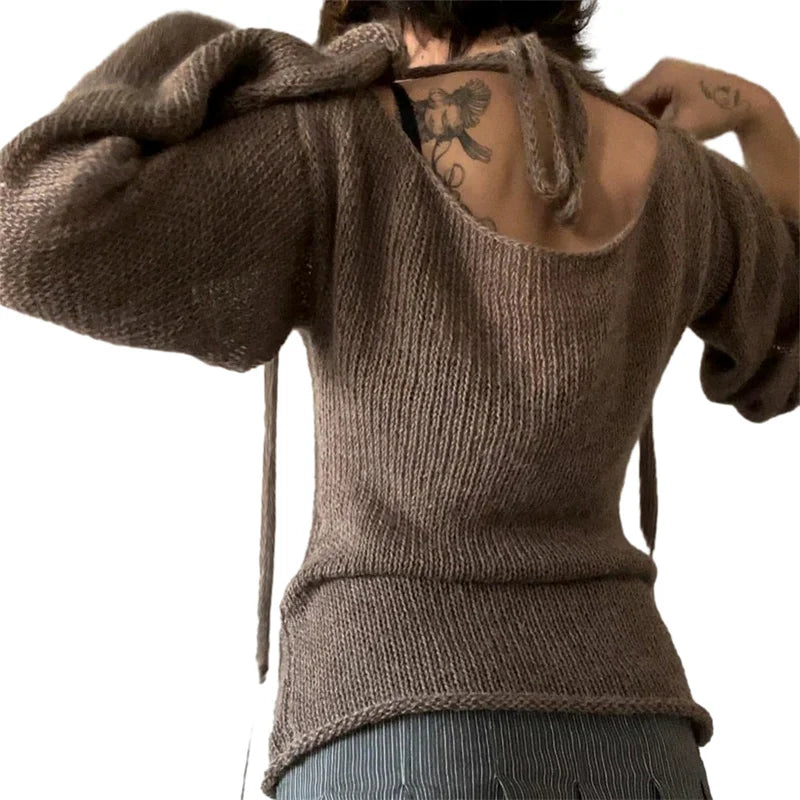 Women's Tie Back Sweaters Autumn Winter Flared Long Sleeve Off Shoulder Solid Color Knitted Tops Casual Streetwear Pullovers