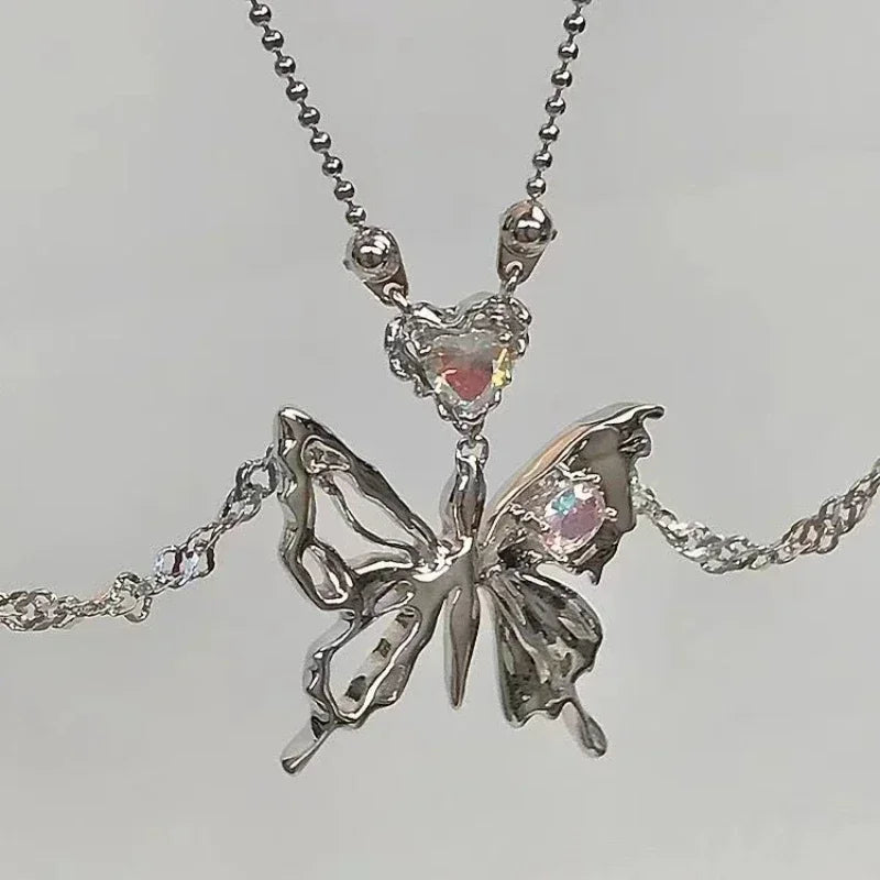 Y2K Crystal Butterfly Pendant Necklace Women Light Luxury  Punk Heart  Clavicle Chain Fashion Jewelry Party Gift 2024