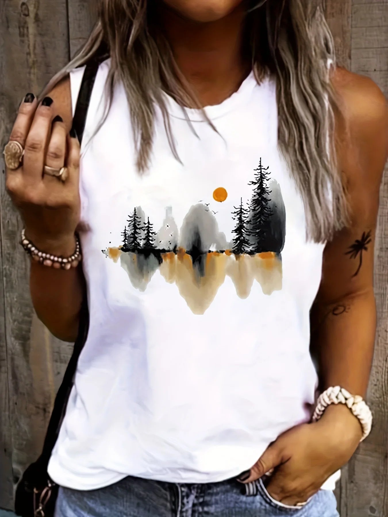 Women's Summer Casual Loose Size Landscape Ink Painting Print Round Neck Sleeveless Tank Top T-shirt