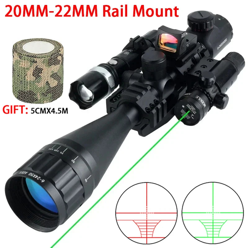 Tactical 6-24x50 AOEG Optical Sight Long Range Rifle Scope with Red Green Dot Laser Combo Riflescope Hunting Airsoft Scopes