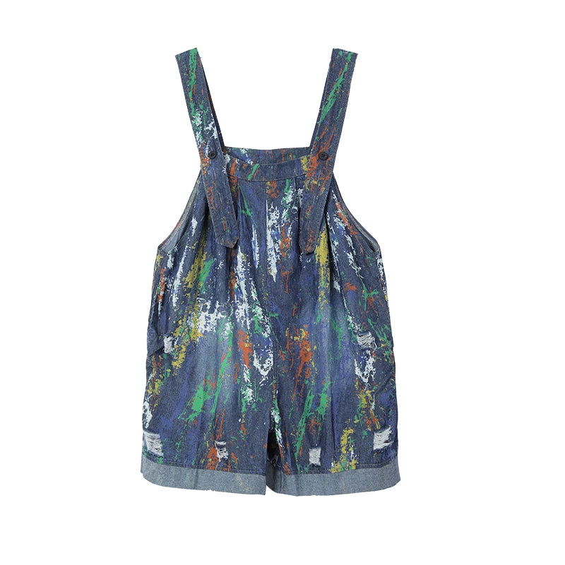 Summer European and American Style Retro Fashion Large Size Printed Denim Suspenders Loose Thin Section Jumpsuit Shorts Female