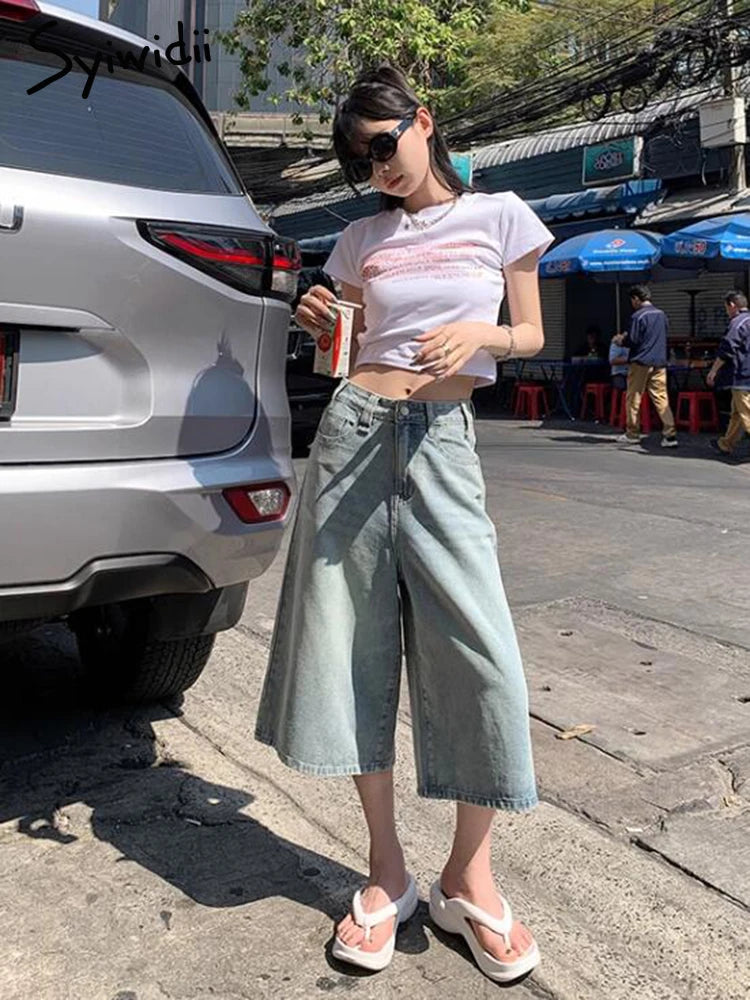 Syiwidii Bermuda Shorts Streetwear American Retro Jeans Fashion Y2k Denim Shorts Women Baggy Jeans High Street Summer Chic Jeans