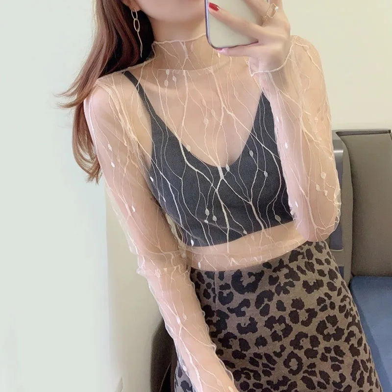 2024New Versatile See Through Top Women Blouse Rhombus Mesh Long Sleeve Sheer Blouse Lace Transparent T-shirt Sexy Female Top
