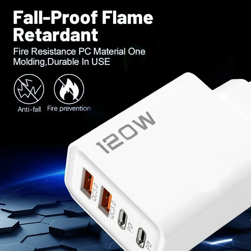 120W 4 Port USB Type C Charger Fast Charging Data Cable USB Phone Charger Adapter for Samsung IPhone Xiaomi Huawei Wall Charger