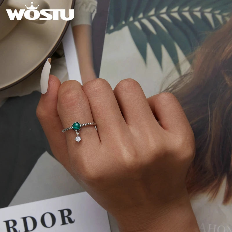WOSTU 925 Sterling Silver Vintage Green Malachite Open Twist Rings for Women Handmade Round Natural Stone CZ Link Ring CQR853