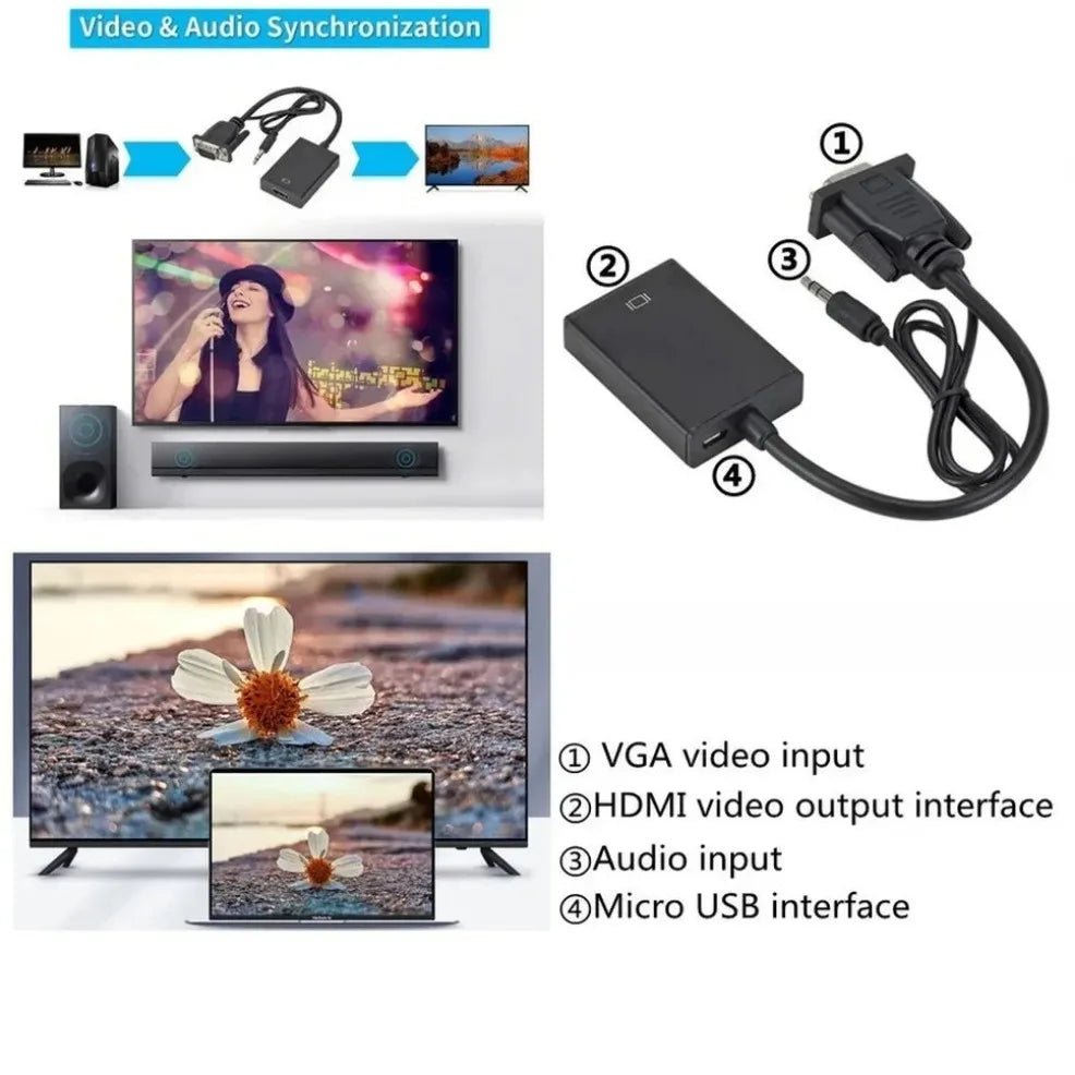 VGA to HDMI Converter Adapter 1080P VGA Male to HDMI Female Adapter Cable With 3.5mm Audio Output  for PC Laptop HDTV Projector