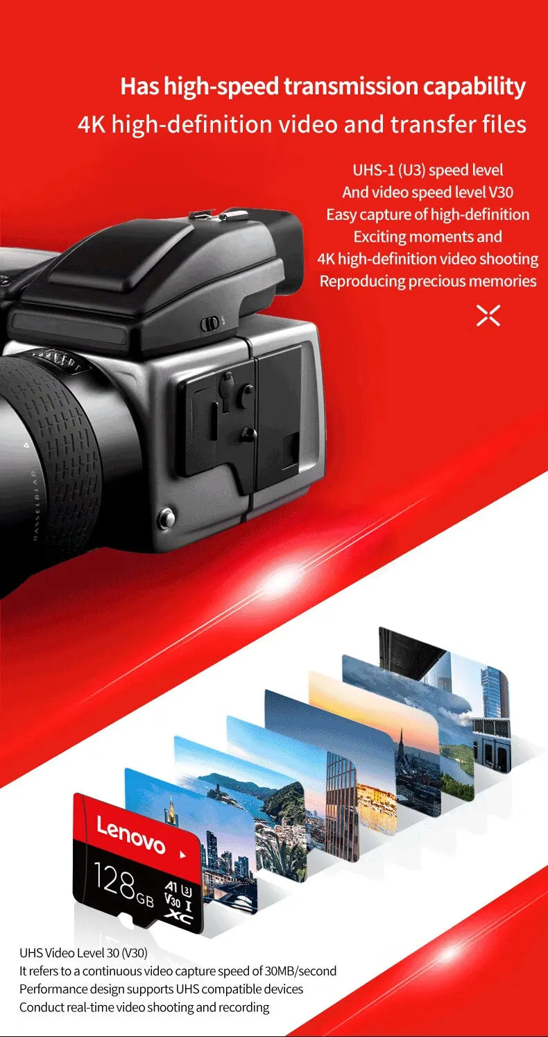 Lenovo Select Micro SD Memory Card, 256GB MicroSDXC 130MB/s Full HD and 4K UHD, UHS-I, U3, A2, V30, for cameras/automotive