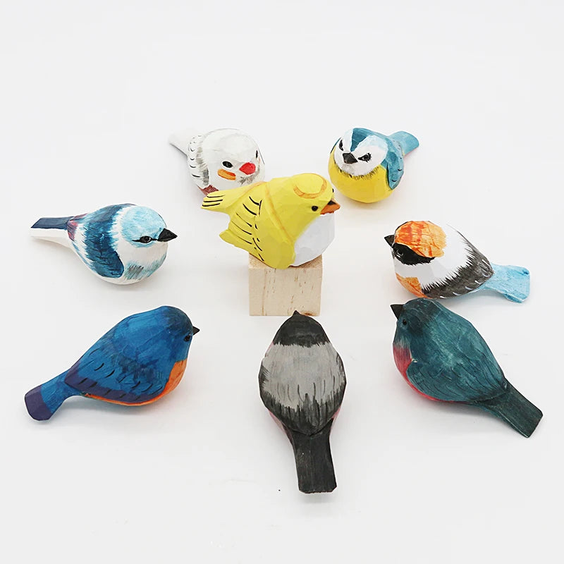 Cute Wooden Bird Figurine Ornaments Painted Hand Carved Wood Birds Statue Carving Animals Miniature Crafts Table Decorate Gifts