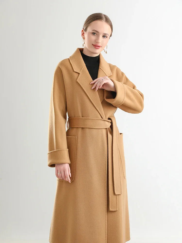 100% Real Wool Long Belt Warp Women Overcoat Classic Model Fall Winter Turn-down Collar Dense Fabric Narrow Notch Lapel Coat #08