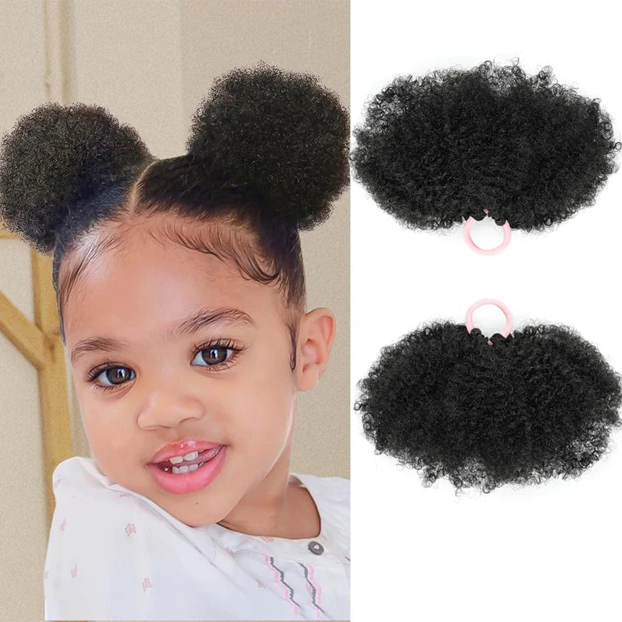 Kids Puff Ponytail Extensions 2Pcs Synthetic Small Afro Kinky Curly Hair Bun For Little Girls Comfortable Lightweight Hairpieces
